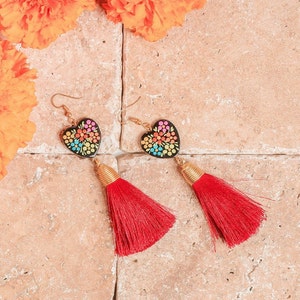 Hand Painted Heart Tassel Earrings - Silk Thread Earrings - Artisanal Earrings - Mexican Earrings - Artisanal Earrings - Mexican Jewelry