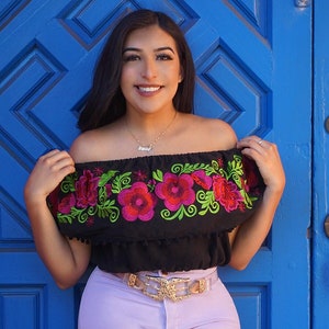 Floral Off the Shoulder Mexican Crop Top Traditional Mexican Blouse Floral Embroidered Mexican Blouse - Mexican Blouse