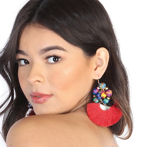 Fan Earrings - Mexican Artisanal Earrings - Hand Made Artisanal Crystal, Palm Leaves, Silk Thread Tassel Earrings - Mexican Jewelry
