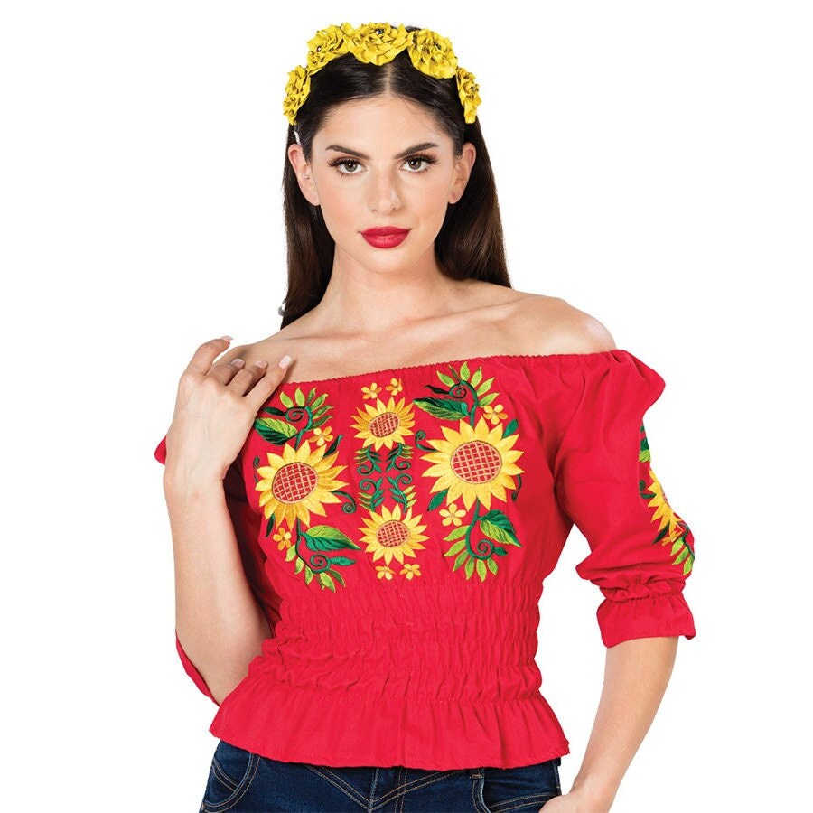 Sunflower Embroidered Mexican Blouse – Off-shoulder Cotton  display picture 1