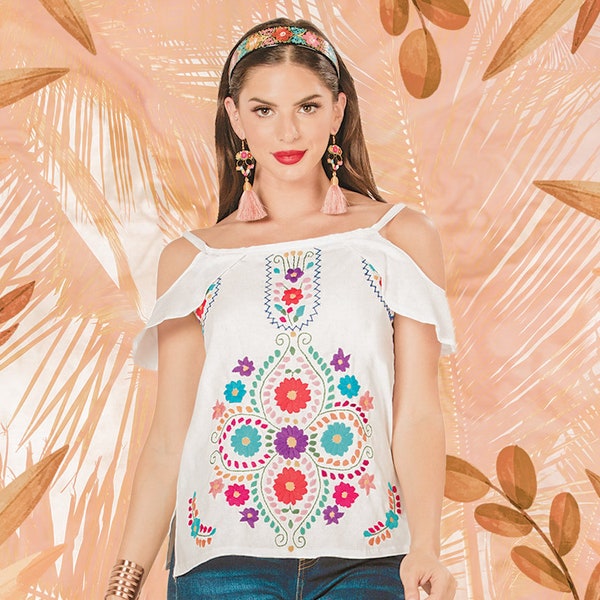 Spaghetti Strap Floral Mexican Blouse - Mexican Embroidered Summer Blouses - Blusa Mexicana - Vacation Mexican Blouse - Mexican Party