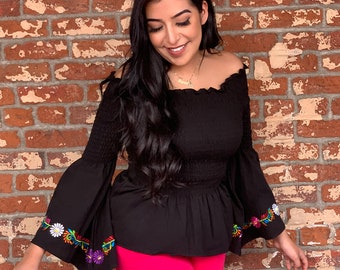 Bell Sleeve Floral Mexican Top - Traditional Bell Sleeve Mexican Blouse - Mexican Blouse - Blusa Mexicana Manga Acampanada