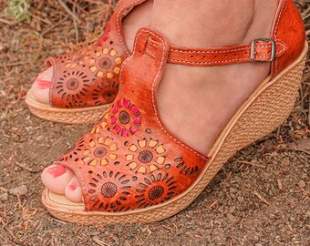 Mexican Leather Shoes Hand Woven - Colorful Mexican Wedges