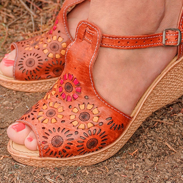 Mexican Leather Shoes Hand Woven - Colorful Mexican Wedges