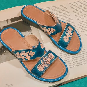 Leather Mexican Sandals For Woman Huaraches Blue Dds-156-2 - SHYS