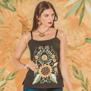 Spaghettiträger Sonnenblume mexikanische Bluse - mexikanische bestickte Sommerblusen - Blusa Mexicana - mexikanische Urlaubsbluse - mexikanische Party