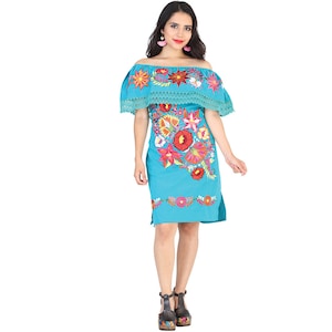 Floral Off the Shoulder Mexican Dress Traditional Mexican Dress Floral Embroidered Mexican Dress