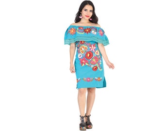 Floral Off the Shoulder Mexican Dress Traditional Mexican Dress Floral Embroidered Mexican Dress