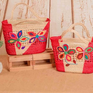 Bolsa Artesanal - Bolsa Tecido à Mão em Folha de Palmeira - Bolsa Cesta Artesanal Tecido à Mão Floral