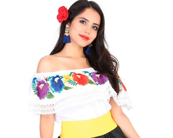 Artisanal Floral Off the Shoulder Mexican Top - Traditional Mexican Blouse - Floral Embroidered Mexican White Blouse - Mexican Blouse