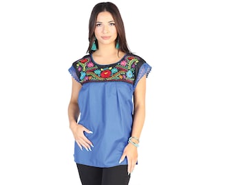 Hand Embroidered Floral Blouse - Classic Mexican Design, 100% Cotton