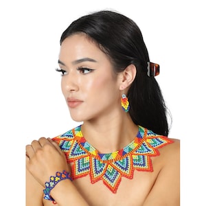 Yaocihuatl Beaded Necklace And Earrings Set - Set Collar Y Aretes Huichol - Mexican Necklace - Handmade Jewelry set - Huichol Jewelry