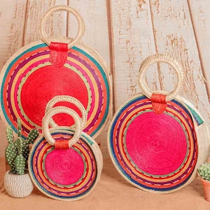 Mexican Artisanal Bag - Pal Leaf Handwoven Artisanal Purse Different Sizes - Mexican Handwoven Palm Leaves Bags - Round Bag - Colorful Bag