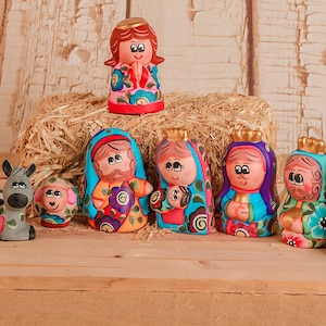 Meksykański zestaw szopkowy - Rzemieślniczy zestaw szopkowy - Nacimiento Navideño Artesanal - Ręcznie robiony 9-częściowy zestaw szopkowy - Malowany ręcznie zestaw szopkowy