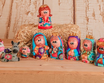 Mexican Nativity Set - Artisanal Nativity Set - Nacimiento Navideño Artesanal - Handmade 9 Pc Nativity Set - Hand Painted Nativity Set