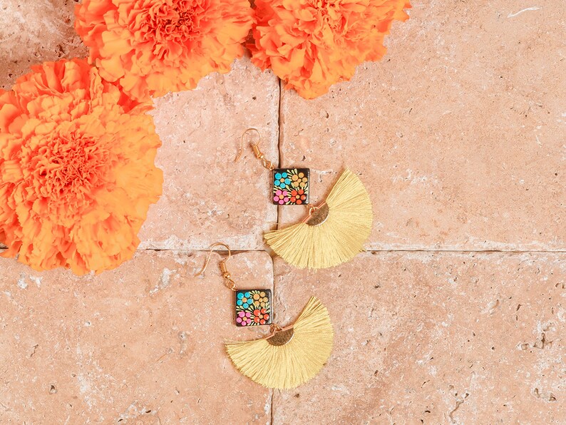 Hand Painted Diamond Tassel Earrings Mexican Earrings Mexican Jewelry Artisanal Earrings Silk Thread Earrings Artisanal Earrings