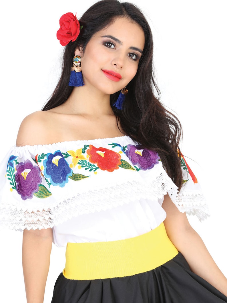 Traditional Mexican Blouse Floral Embroidered Mexican White Blouse Artisanal Floral Off the Shoulder Mexican Top