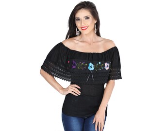 伝統的なメキシコ刺繍入り農民風ブラウス - オフショルダー花柄 