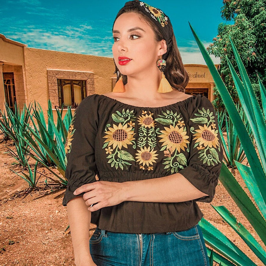 Sunflower Off-Shoulder Mexican Shirts/ Blusa Mexicana Artesanal Mexican Sunflower Blouse. Floral Embroidered Mexican Top  main image 3