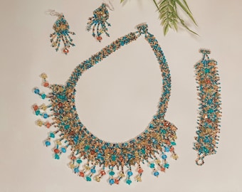 Handgefertigtes mexikanisches Perlen Schmuck Set - Halskette, Armband, Ohrringe