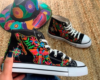 Embroidered Tennis Shoes - Mexican Sneakers - Mexican Tennis Shoes - Hightop Embroidered Tennis Shoes - Floral Embroidery - Mexico