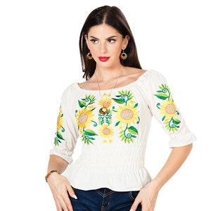 Sunflower Off the Shoulder Mexican Top Traditional Mexican Blouse Floral Embroidered Mexican Blouse - Mexican Blouse - Blusa Mexicana