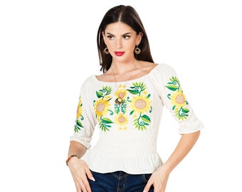 Sunflower Off the Shoulder Mexican Top Traditional Mexican Blouse Floral Embroidered Mexican Blouse - Mexican Blouse - Blusa Mexicana