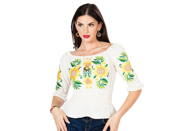 Sunflower Off-Shoulder Mexican Shirts/ Blusa Mexicana Artesanal Mexican Sunflower Blouse. Floral Embroidered Mexican Top  main image 4