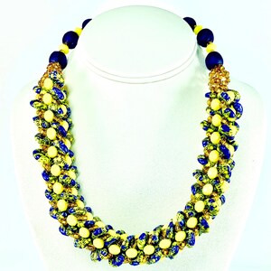 Glory in Blue and Yellow Glass Bead Jewelry Set – 21″ Necklace, Bracelet & Earrings – Vibrant Handmade Statement Trio.