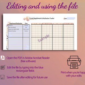 May include: A printable 4-week supplement and medication tracker with a grid layout for tracking daily doses. The tracker includes a section for listing the supplement or medication, the dose, and a grid for each day of the week for four weeks. The tracker is labeled "Example" in the grid.