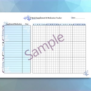 May include: A printable 4-week supplement and medication tracker with a grid for each day of the week. The tracker includes sections for morning, noon, and evening.