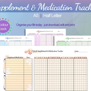 Medication Tracker - Supplement Tracker - 4 Pack - Supplement Organizer - Medication Log - Vitamins tracker - Printable - Instant Download