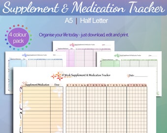 Medication Tracker - Supplement Tracker - 4 Pack - Supplement Organizer - Medication Log - Vitamins tracker - Printable - Instant Download