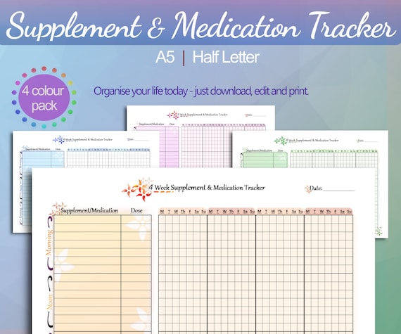 Medication Tracker - Supplement Tracker - 4 Pack - Supplement Organizer - Medication Log - Vitamins tracker - Printable - Instant Download