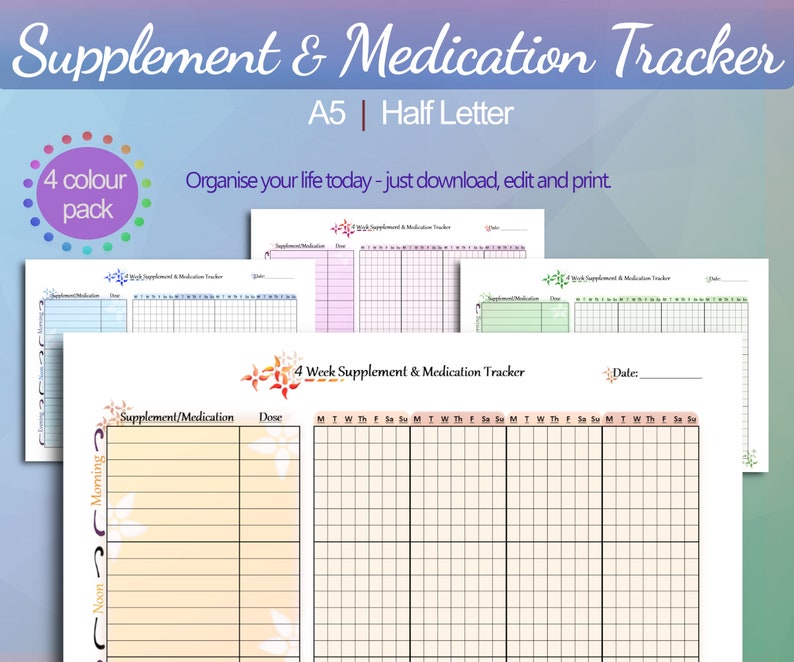May include: A printable 4-week supplement and medication tracker with a colorful design. The tracker includes columns for morning, noon, and evening, as well as a daily dose and a weekly schedule.