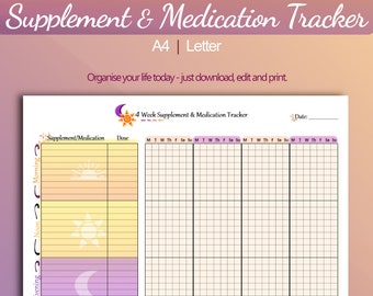 Medication and Supplement Tracker - Supplement Organizer - Medication Log - Health Planner - Vitamins tracker - Printable - Instant Download