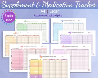 Medication Tracker - Supplement Tracker - 7 Pack - Supplement Organizer - Medication Log - Vitamins tracker - Printable - Instant Download