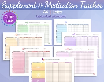 Medication Tracker - Supplement Tracker - 7 Pack - Supplement Organizer - Medication Log - Vitamins tracker - Printable - Instant Download