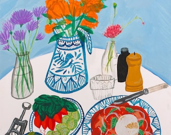 Dinner for Two Gouache Print - dining room, kitchen, gouache painting, colorful, still life, giclee print