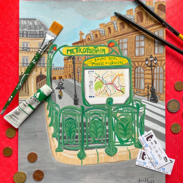 Métro Palais-Royal: originale tableau Paris en gouache