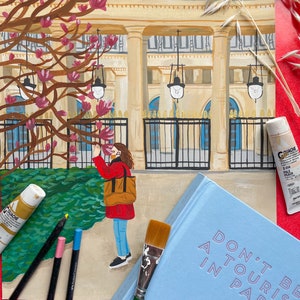 Frühling im Palast Royal: Paris Original Gouache Gemälde