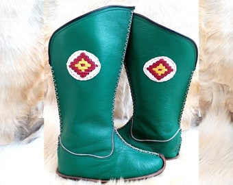 Zielone buty w stylu średniowiecznym, tureckie skórzane buty, ręcznie robione, wsuwane, kapcie wikingów, rzymskie sandały, mongolskie płaskie buty damskie i męskie, prezent świąteczny