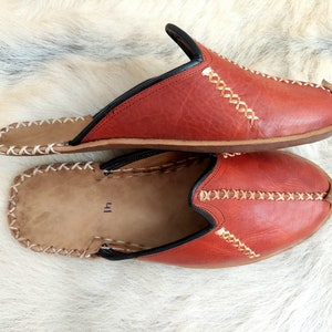 Natural Brick Color Slippers Turkish Babouches  Leather Shoes Handmade Slip Ons Loafer Flat Moccasins Hand Dyed Leather Men&#39;s Yemeni Vintage