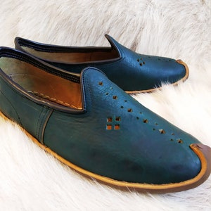 Forest Green Perforated Unique Shoes Turkish Leather Slip Ons Handmade Slippers Flats Moccasin Men's Women's Yemeni Christmas Gift