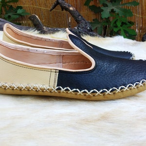 Blue Beige Slip Ons Turkish Shoes Leather Loafer Slippers Flats Moccasins Men's Women's Yemeni Vintage Gift Discount image 1