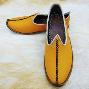 Vintage Yellow Turkish Slip Ons Leather Shoes Slippers Moccasisns Loafers Ballets Men&#39;s Women&#39;s Gifts