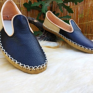 Blue Beige Slip Ons Turkish Shoes Leather Loafer Slippers Flats Moccasins Men's Women's Yemeni Vintage Gift Discount image 4