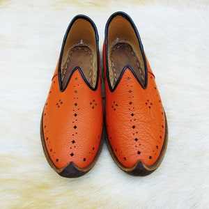 Orange Perforated Shoes Bohemian Slip Ons Turkish Slippers Leather Loafers Flats Moccasins Men's Women's Yemeni Vintage Gift