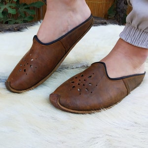 Hand Dyed Brown Slipper Turkish Shoes Slip Ons Handmade Loafer Flats Moccasins Men&#39;s Women&#39;s Yemeni Vintage Christmas Gifts