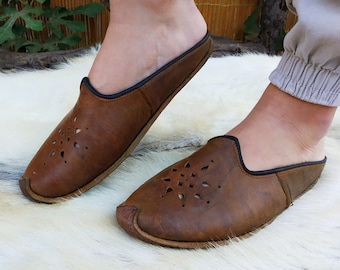 Hand Dyed Brown Slipper Turkish Shoes Slip Ons Handmade Loafer Flats Moccasins Men's Women's Yemeni Vintage Christmas Gifts